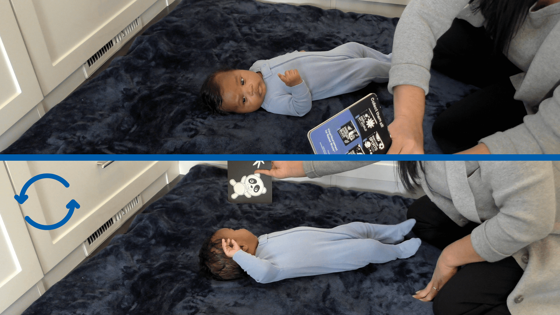 Two stacked images showing a baby boy in a blue jumpsuit doing playtime while lying on his back. In the top image, a woman holds a book on the baby’s left side to help him turn his head to the left. In the bottom image, the woman holds the book to his right side so the baby looks to the right.