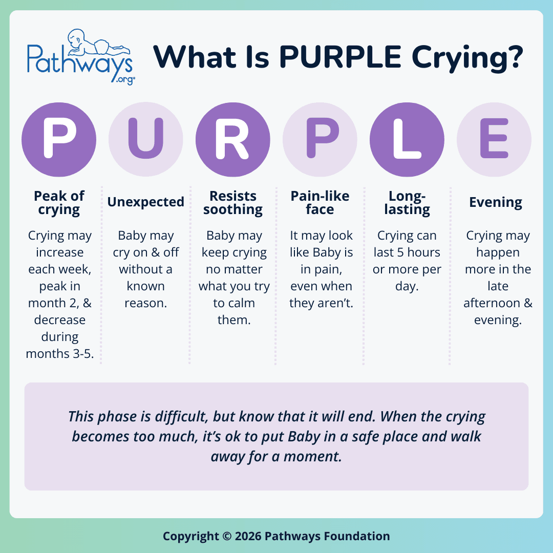 Infographic titled, “What is PURPLE Crying?”. The letters in the acronym PURPLE are split up into 5 purple circles, with their meaning directly below. P - Peak of crying, U - Unexpected, R - Resists soothing, P - Pain-like face, L - Long-lasting, and E - Evening. A purple box at the bottom of the infographic highlights the message that PURPLE crying is difficult, and it’s ok to take a break when needed.