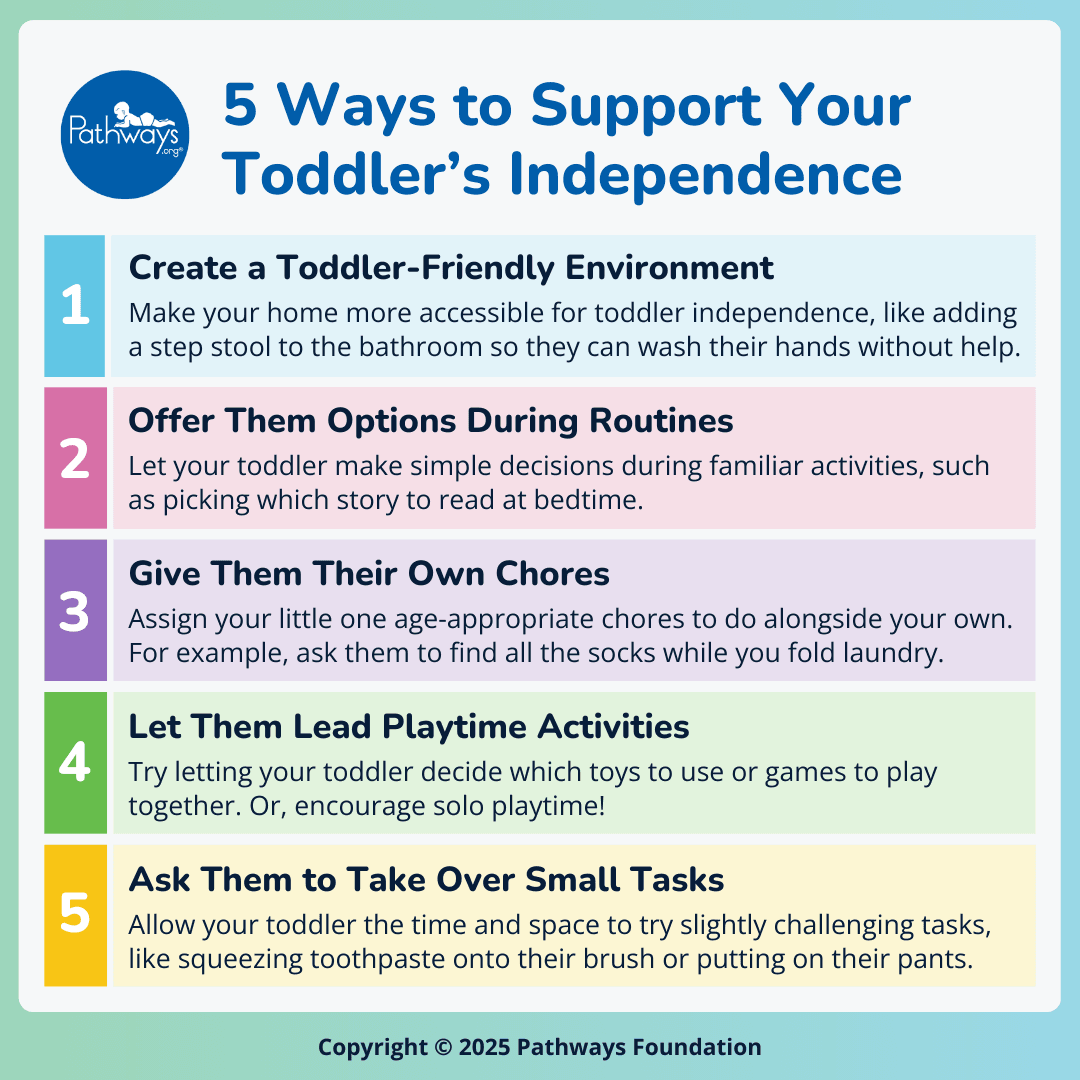 Infographic listing 5 ways to support toddler independence with each item in a different-colored box.