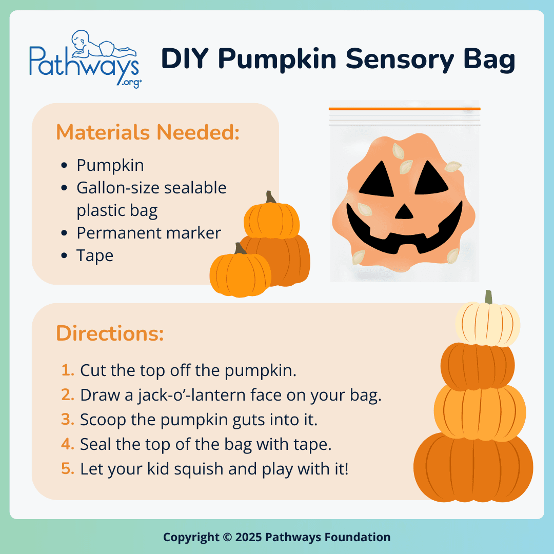 Infographic titled “DIY Pumpkin Sensory Bag” with materials needed and directions for creating the sensory bag alongside illustrations of pumpkins. Directions include scooping pumpkin guts into a gallon-size bag and letting your child play with it.