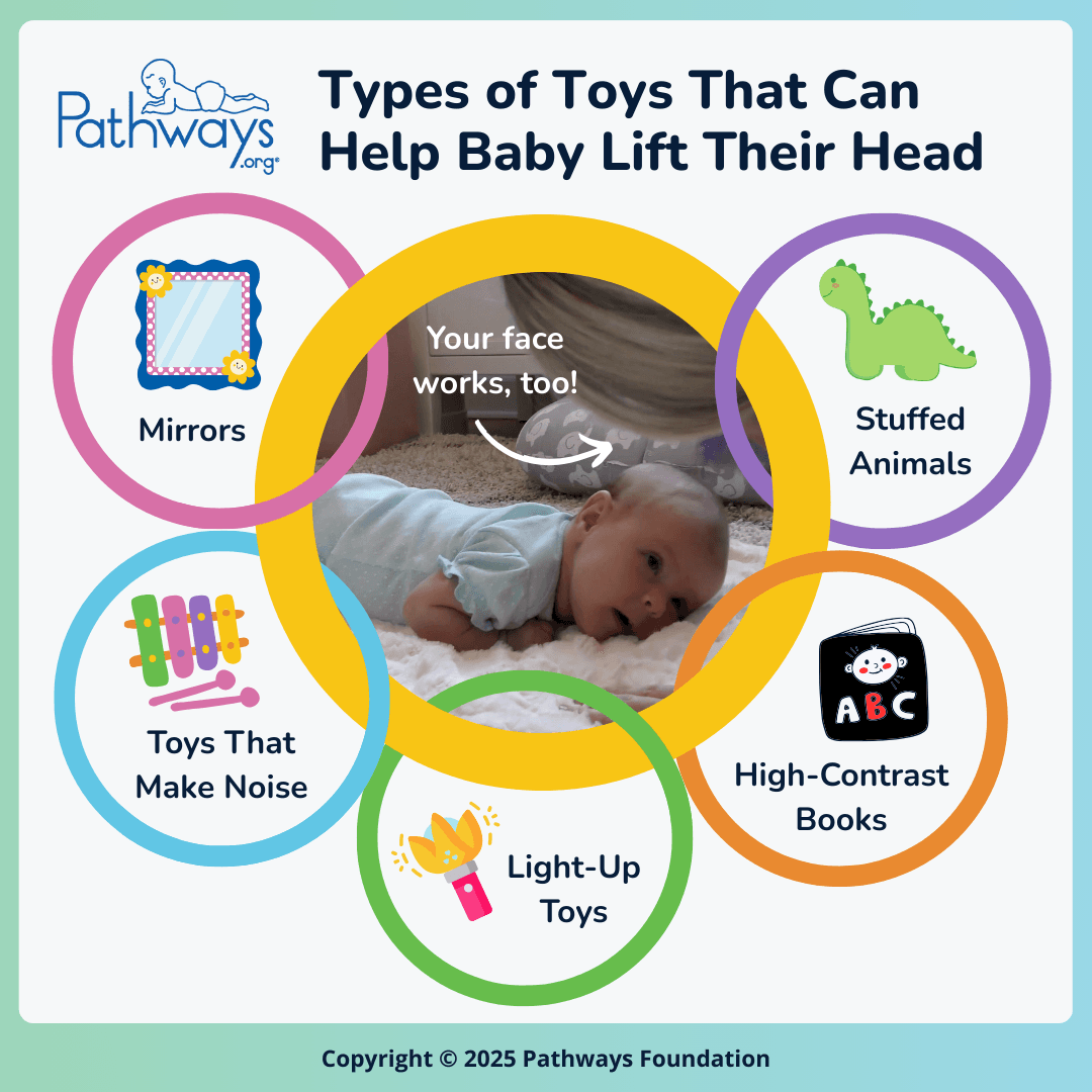 Infographic titled “Types of Toys That Can Help Baby Lift Their Head” with 5 types of toys arranged in small rings around a circular picture of a baby doing Tummy Time so the design looks like a baby linking rings toy.